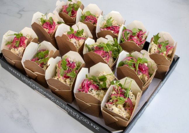 GOURMET POTATO SALAD - creamy harissa mayo dressing, dried apricots, carrots, red cabbage, roasted red pepper & pickled red onion. Individual noodle box with wooden fork (GF,DF,Vege)