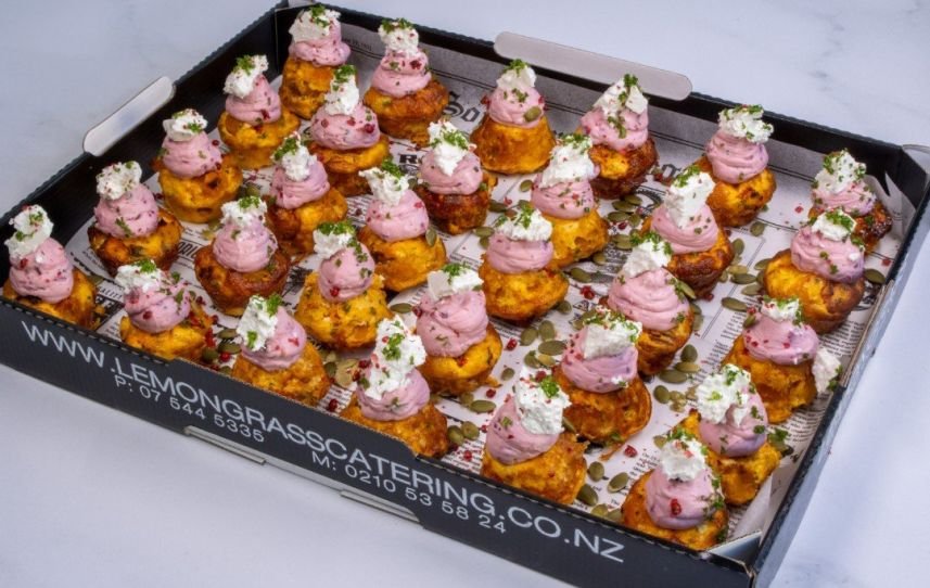 PUMPKIN AND FETA FRITTATA Canape Platter - 30 - Mini frittatas with whipped beetroot & feta cream topping (GF, V) Sunday Catering 
