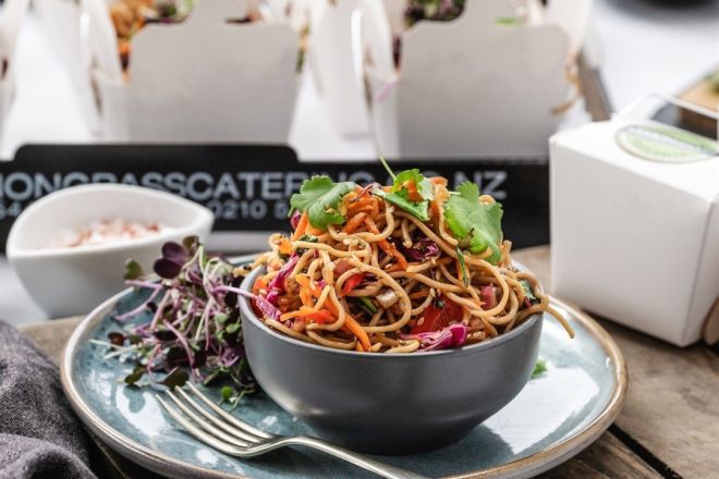 THAI NOODLE SALAD - egg noodles, fresh shredded vegetables, crisp salad greens, sesame soy & ginger dressing & sprinkled with toasted sesame seeds - Individual noodle box with wooden fork (V, DF)