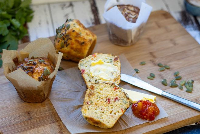 BREAKFAST SAVOURY MUFFIN - Spinach, cheese, sundried tomato & herbs topped with mix of pumpkin, sunflower & sesame seeds (V)