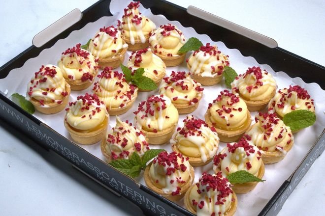 LEMON CREAM TART Platter - zesty lemon curd topped with creamy lemon mascarpone & freeze dried raspberries in sweet tart shells
