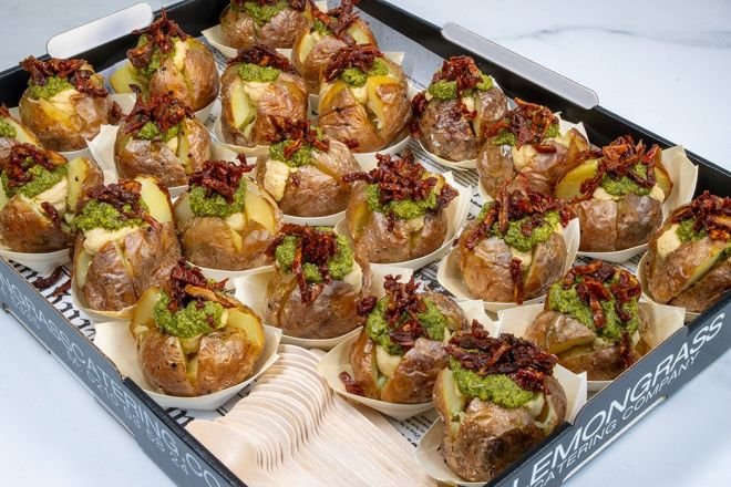 BABY GOURMET BAKED STUFFED POTATO with your choice of topping served in individual bamboo boats with spork. Served warm 