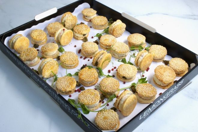 SMOKED SALMON MILLE-FEUILLE PASTRIES Canape Platter - 20 - Filled with lemon, fresh dill, caper cream cheese and smoked salmon
