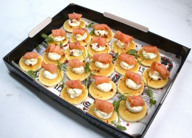 SMOKED SALMON BLINI Canape Platter - 20 - with whipped citrus herb cream cheese - Sunday Catering 