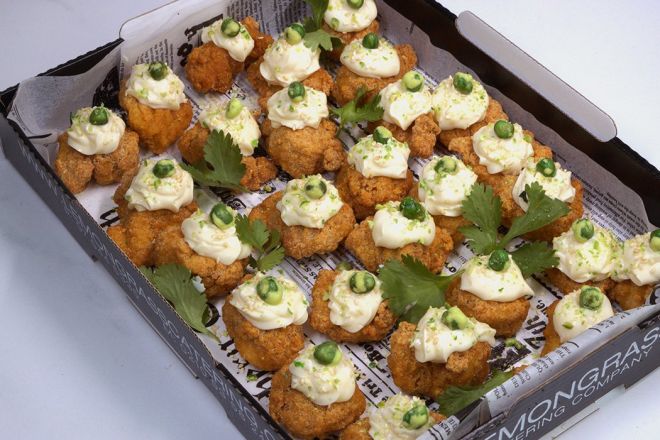 KARAAGE CHICKEN BITES Canape Platter - 20 - topped with roasted sesame mayonnaise, crushed wasabi peas & black sesame seeds - served cold - Sunday Catering 