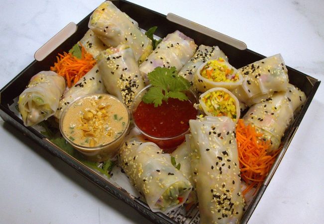 RICE PAPER ROLLS filled with spiced rice & seasonal vegetables wrapped in rice paper with Peanut Dipping Sauce GF, DF, VEGAN (2 per person)
