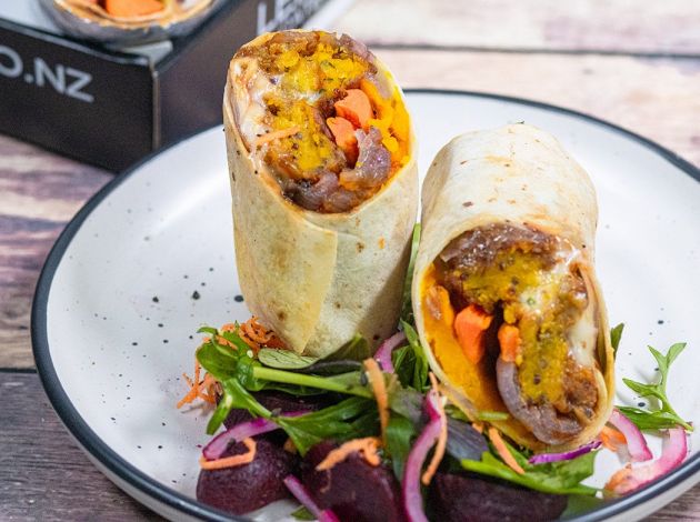 BURRITO - Hot GFDF wrap with Quinoa & Lentil patties, roasted vegetables & vegan cream cheese - GF, DF, VEGAN