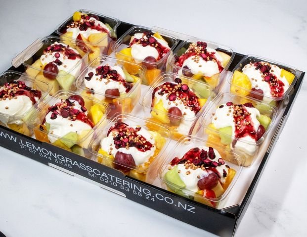 FRESH FRUIT SALAD TUB with yoghurt, berry sauce served with wooden spoon (GF,V)