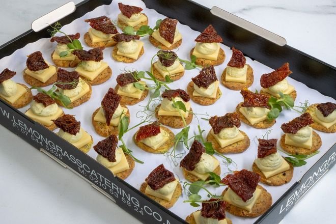 PARMESAN SHORTBREAD Canape Platter - 20 - topped with cheddar cheese slice, whipped basil pesto cream cheese & sunblush tomato (V)