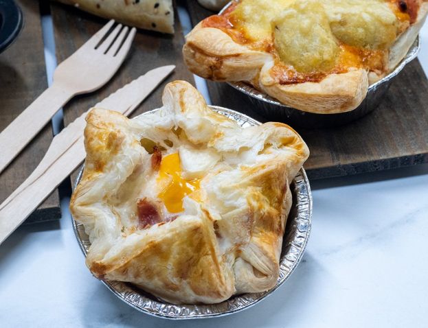 BACON EGG & CHEESE BREAKFAST PIE - Large bakery style with flakey pastry served in silver pie dishes