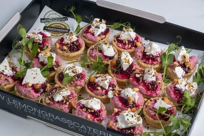 BEETROOT & FETA TART Canape Platter - 20 - Roasted beetroot and cashew nut hummus topped with beetroot relish & marinated feta (V) Contains nuts