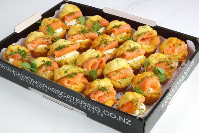 MINI SAVOURY HERB MUFFIN with smoked salmon & citrus herb cream cheese canape