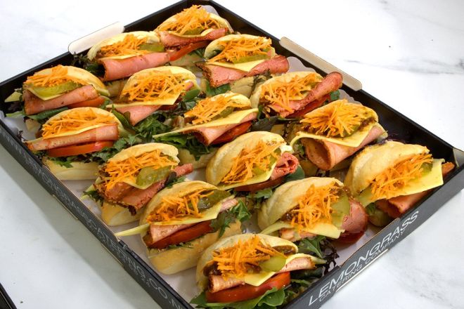 REUBEN - Midi round filled roll with pastrami, sliced cheddar cheese,  salad greens & gherkins with relish