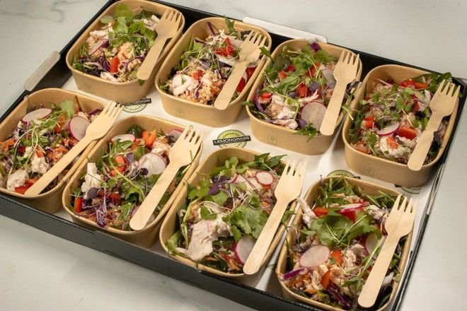 CHICKEN AND BROWN RICE SALAD with Fresh vegetables & seasonal greens, edamame beans, zesty asian dressing & toasted seeds served in individual medium size rectangle salad dish with lid & wooden forks (GF,DF)