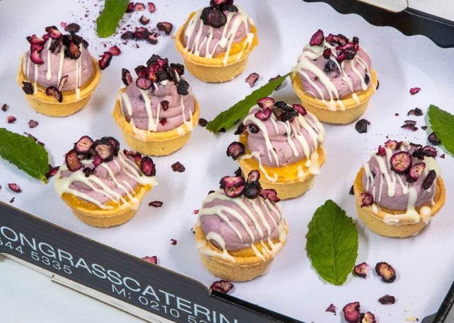 BLUEBERRY & LEMON TART Platter - zesty lemon curd topped with creamy blueberry mascarpone, white chocolate drizzle & freeze dried blueberries in sweet tart shells 