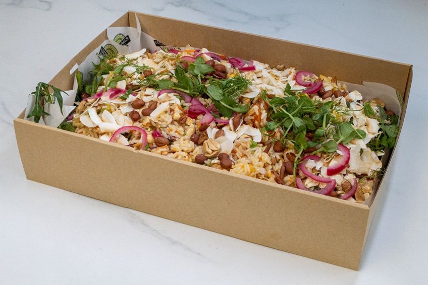 SUNSHINE RICE SALAD BOX - fresh pineapple, currents, crisp salad greens & vegetables, curried coconut dressing topped with toasted coconut flakes & peanuts (GF, DF, VEGAN - Contains NUTS)