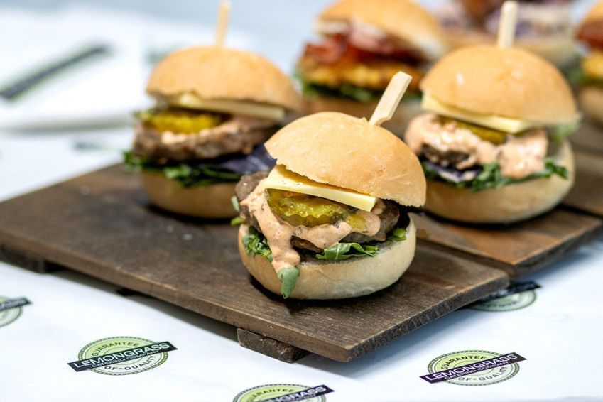 CHEESEBURGER SLIDER PLATTER - 15- with our burger sauce, beef patty, sliced cheese, gherkins, tomatoes & fresh salad greens - served warm 