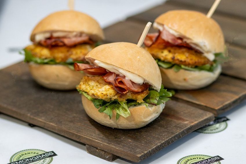 PANKO CRUMBED CHICKEN & BACON SLIDER PLATTER - 15 - with fresh crips salad greens and aioli dressing - served warm 