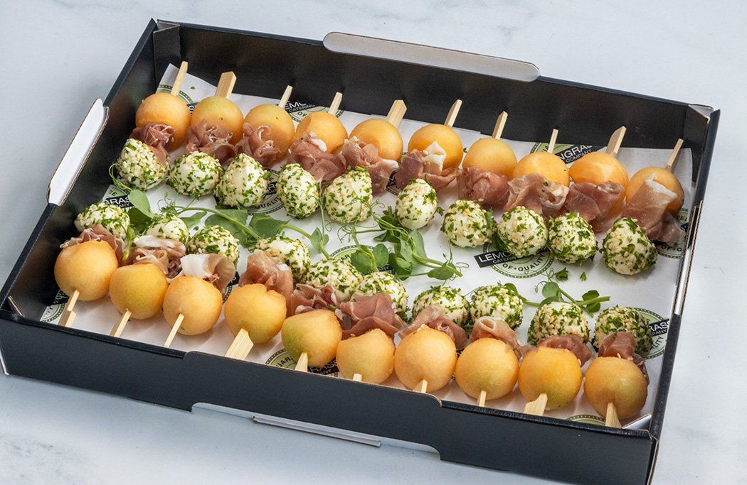 PROSCUITTO, FRESH MELON & MOZZERELLA CHEESE Canape Skewer Platter - 20 (GF) Sunday Catering 
