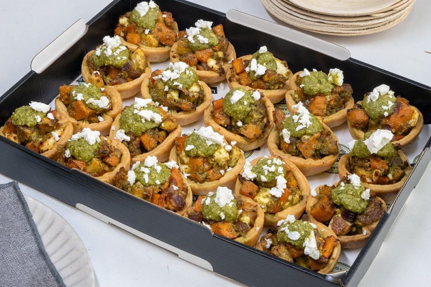 ROAST VEGETABLE TART PLATTER -18 - Variety of roasted vegetables with sweet chilli sauce, topped with pesto & feta - 60mm savoury tart shell - Hot 