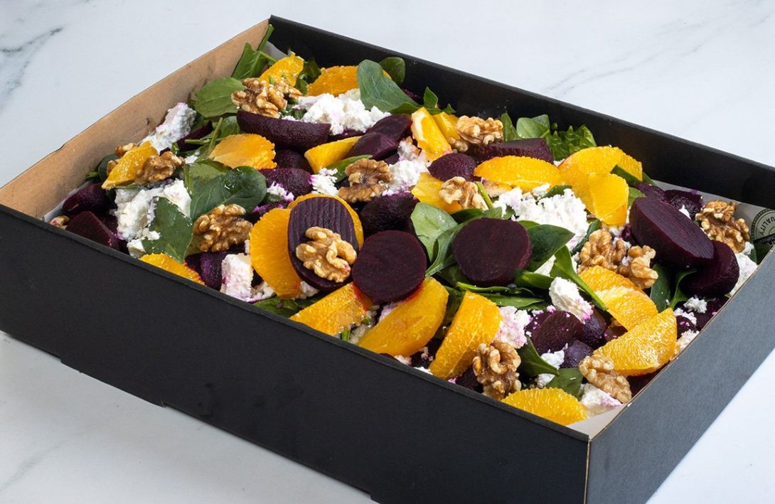 BEETROOT, FETA & ORANGE SLICES SALAD BOX - toasted walnuts & roasted red peppers layered with fresh salad greens (GF, V)