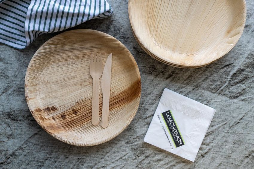 PALM LEAF PREMIUM BAMBOO DINNER PLATE, KNIFE, CUTLERY & NAPKIN SET 