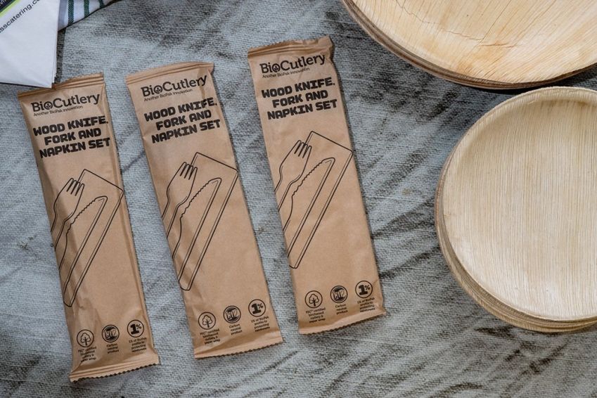 BAMBOO BIODEGRADABLE CUTLERY SET - Knife, Fork with Napkin 