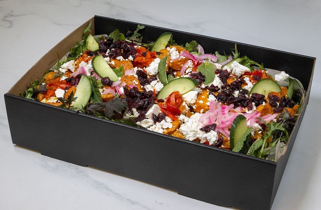 MOROCCAN ROASTED CARROT SALAD BOX - edamame beans, sliced red onions, feta cheese, sliced radish, layers of fresh salad greens & spinach, mint leaves & honey mustard vinaigrette (GF, V)