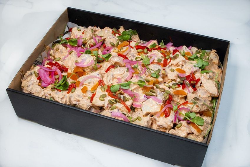 GOURMET POTATO SALAD BOX - Harissa mayonnaise dressing with dried apricots, red onion, carrots, red cabbage & roasted red peppers (V,GF,DF) Sunday Catering 