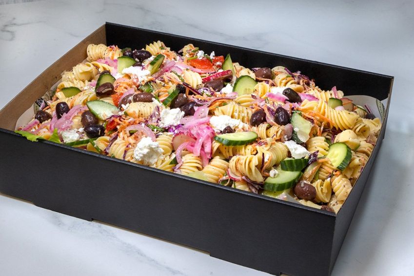 GREEK PASTA SALAD BOX - black olives, feta, radish slices, parmesan, pickled red onion, fresh salad greens & zesty Dijon mustard & lemon garlic dressing (V)