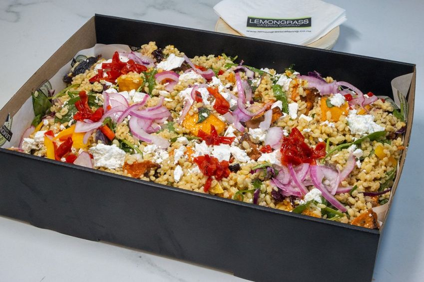 ROASTED VEGETABLE SALAD BOX - with bulgur wheat, feta cheese, variety of root roasted vegetables, crisp salad greens, red onion, carrot, tomato & a zesty vinaigrette dressing (V) Sunday Catering 