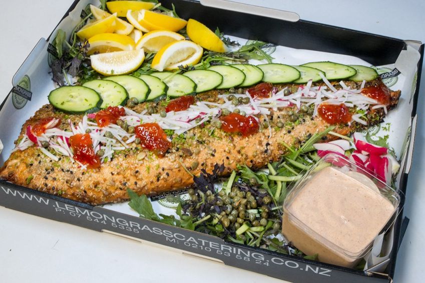 SALMON FILLET WHOLE - Honey & Dijon glaze, mixed seeds, lemon wedges, pickled red onions, capers & housemade seafood dressing in tub - Baked & served chilled. Serves 10 guests (GF,DF) 1kg Salmon. Sunday Catering 