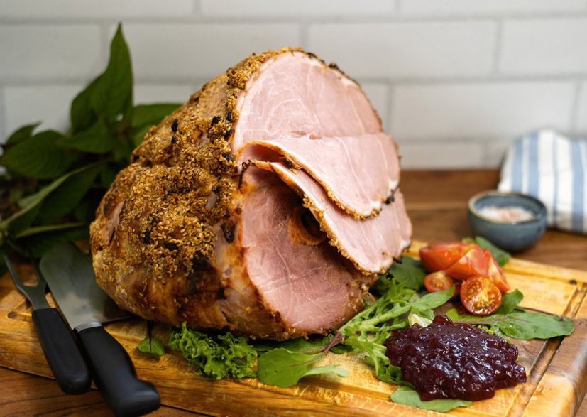 CHAMPAGNE HAM HALF - Glazed with brown sugar, mustard & sherry. Served with a tub of cranberry jelly (GF, DF) Sunday Catering 