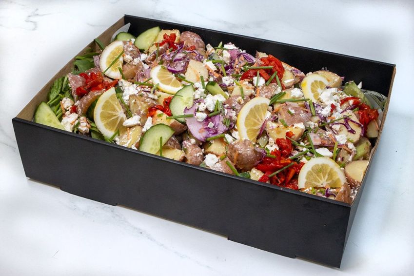 GOURMET POTATO SALAD BOX - Lemon & Feta Dressing with crunchy cucumbers, selection of herbs, capers, tomatoes, soft boiled eggs (V,GF) Sunday Catering 