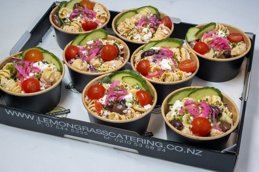 GREEK PASTA SALAD TUB - Individual tub with wooden fork  