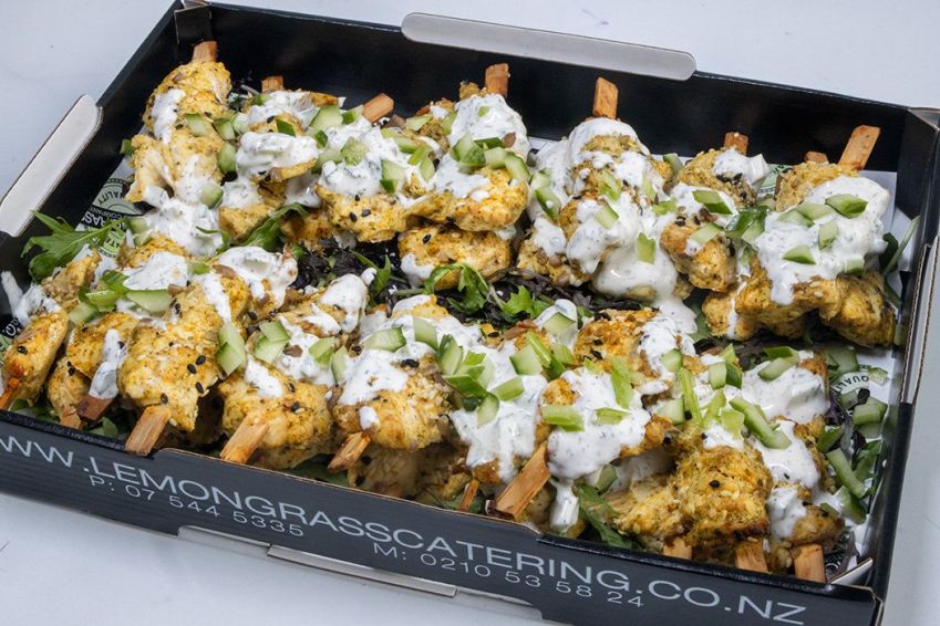CHICKEN SKEWER Canape Platter - 30 - drizzled with tzatziki sauce and topped with diced cucumber. Served cold (GF)