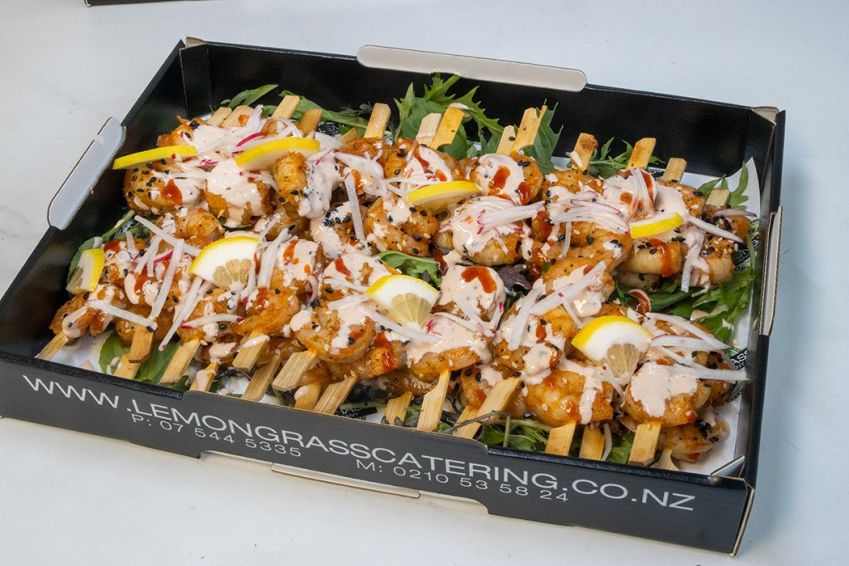 KING PRAWN SKEWER Canape Platter - 30 - with black & white sesame seeds on king prawns drizzled with housemade zingy thousand island dressing. Served cold (GF, DF) Sunday Catering 