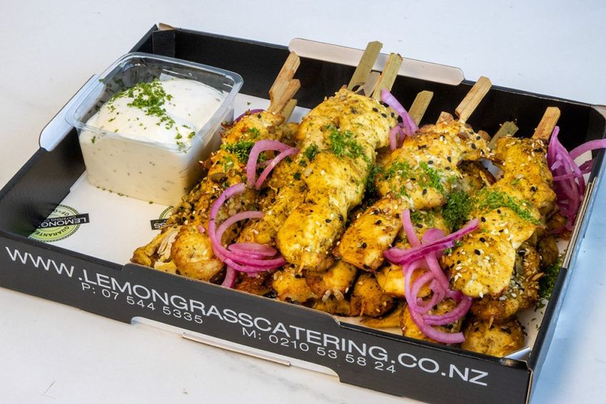 CHICKEN SKEWER PLATTER - 15 - MARINATED/GF - Large Skewers with Tzatziki dipping sauce tub on side - Gluten Free - Cold - Sunday Catering 