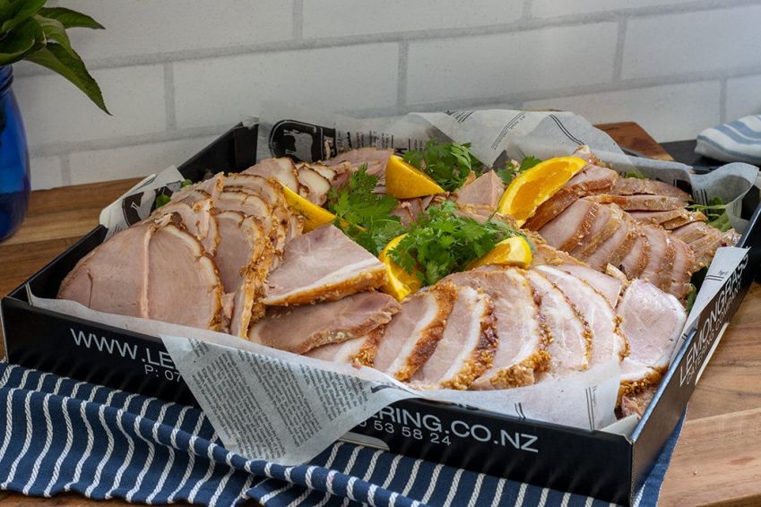 CHAMPAGNE HAM, PASTA & GREEN SALADS + BUNS. Pack serves 20-30 people. Sunday Catering 