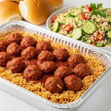 SATURDAY DINNER AIMS - Beef Meatballs Orzo Pasta Bake, Roasted Potatoes, Seasonal Green Salad, Fresh Bakery Bread, Rolls & Butter 