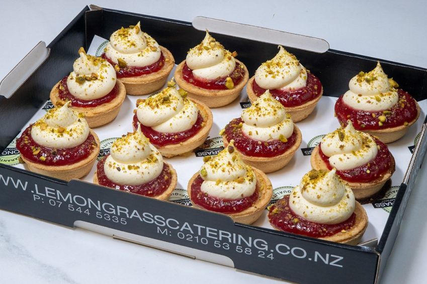 BAKED ZESTY CITRUS CUSTARD TARTS topped with berry compote, whipped marscarpone cream & crushed pistachio - 60mm crisp tart shell