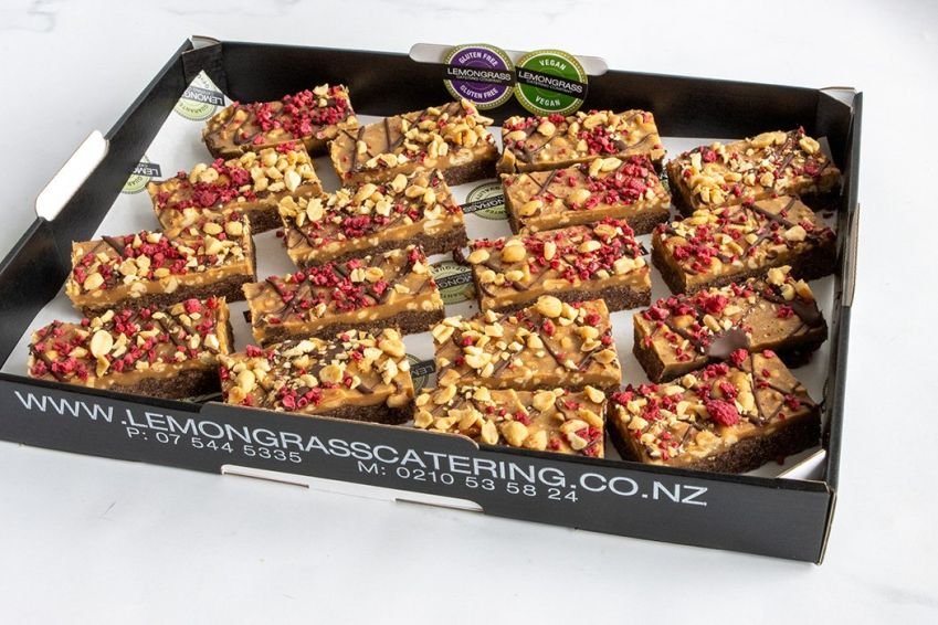 PEANUT BUTTER & ALMOND SLICE - Chocolate almond base with a creamy topping with loads of roasted peanuts (GF,DF,VEGAN)