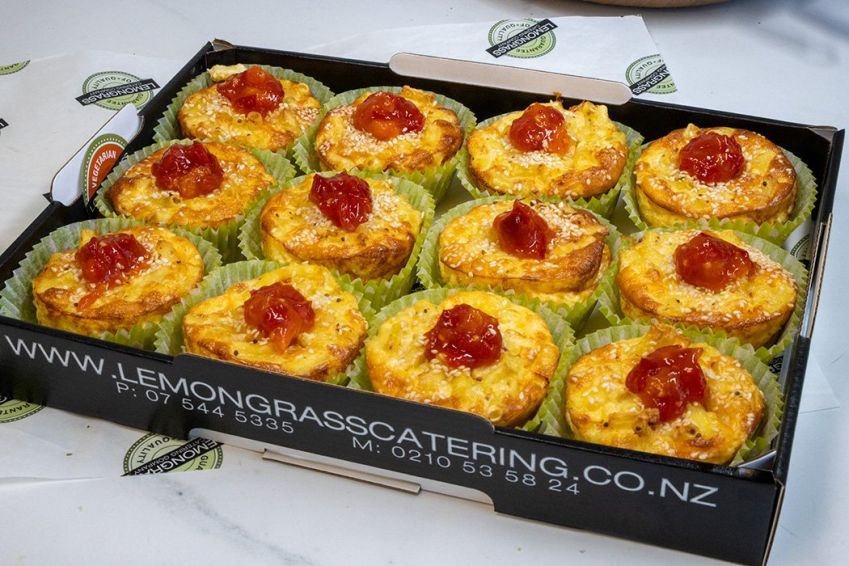 MAC N CHEESE FRITTATA SAVOURIES - with coarse grain mustard & relish baked in rich cream & egg & topped with cheese (V) 