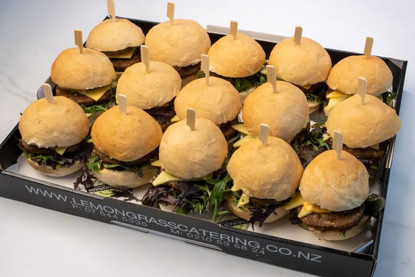 CHEESEBURGER SLIDER PLATTER - 15- with our burger sauce, beef patty, sliced cheese, gherkins, tomatoes & fresh salad greens - served warm 