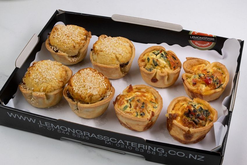 MIX OF POTATO TOP BEEF SAVOURY'S & VEGETARIAN QUICHE'S  (50/50 mix) - hot 