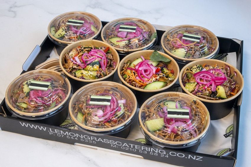 THAI NOODLE SALAD -Thai egg noodles, seasonal fresh vegetables, sesame soy & ginger dressing - Individual tub with wooden fork 