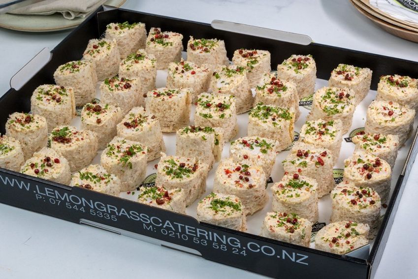 CHICKEN ROLL BITES PLATTER - 42 bites per platter  - Chicken, cream cheese, tarragon, coarse grain mustard 