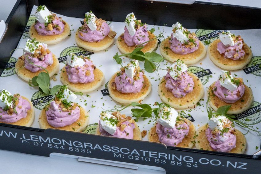 BEETROOT AND FETA CREAM ON BLINIS Canape Platter - 20 - topped with toasted walnuts (V) Sunday Catering 