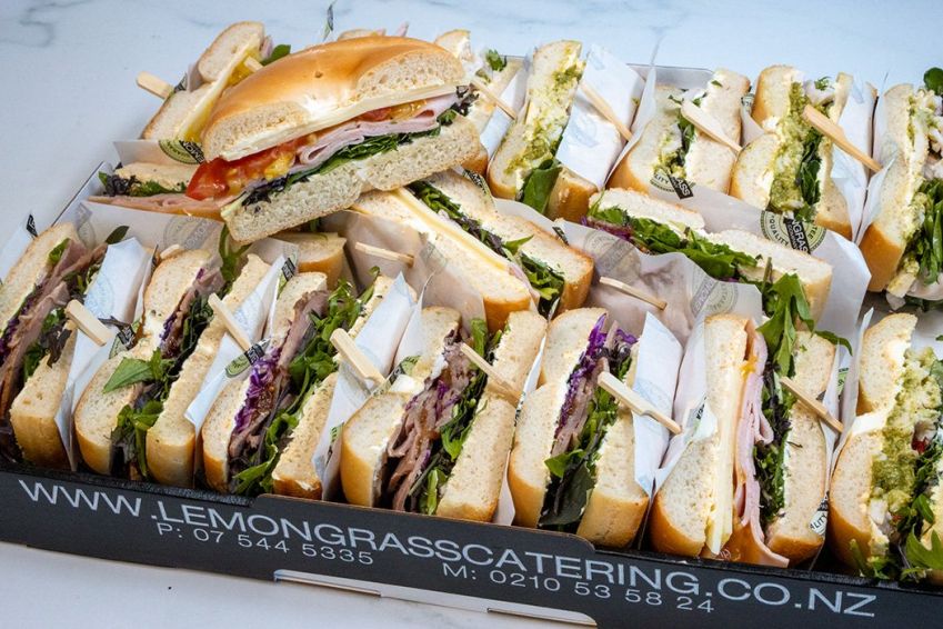 BAGEL HALVES - Variety of Pesto Chicken - Ham, cheese & mustard and Vegetarian with falafel patty & beetroot hummus 