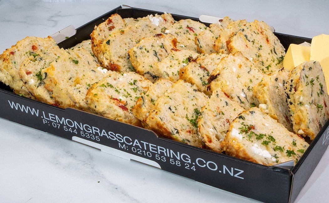 SAVOURY SCONE HALVES PLATTER - 24 - Spinach, Feta & Sundried Tomatoes (v) - with real NZ butter, served in a tub 